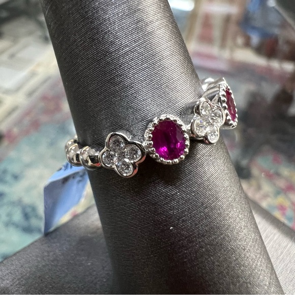 14k White Gold Diamond & Ruby Band Ring - Picture 3 of 9